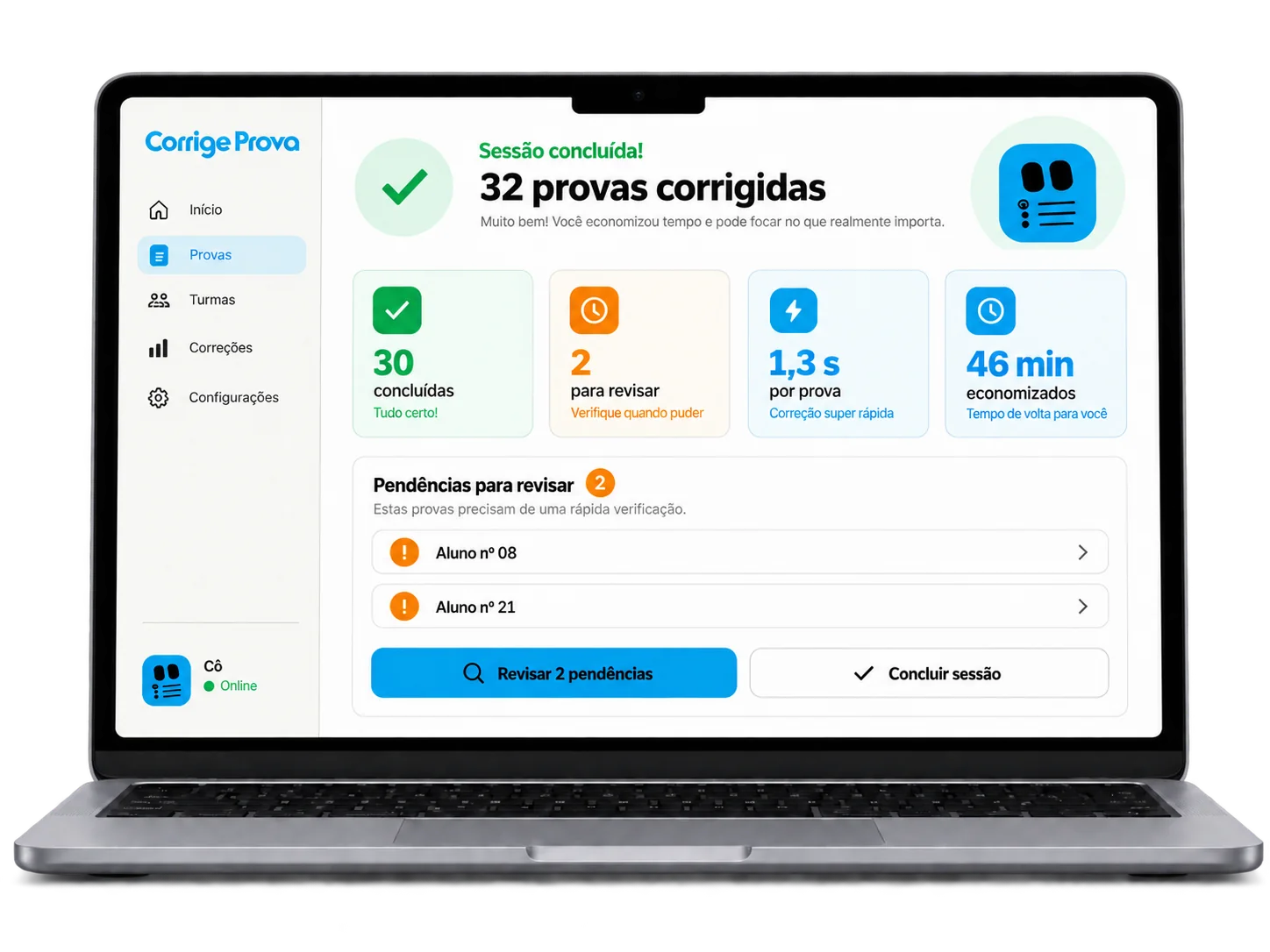 Notebook mostrando o resumo de uma sessão com 32 provas corrigidas
