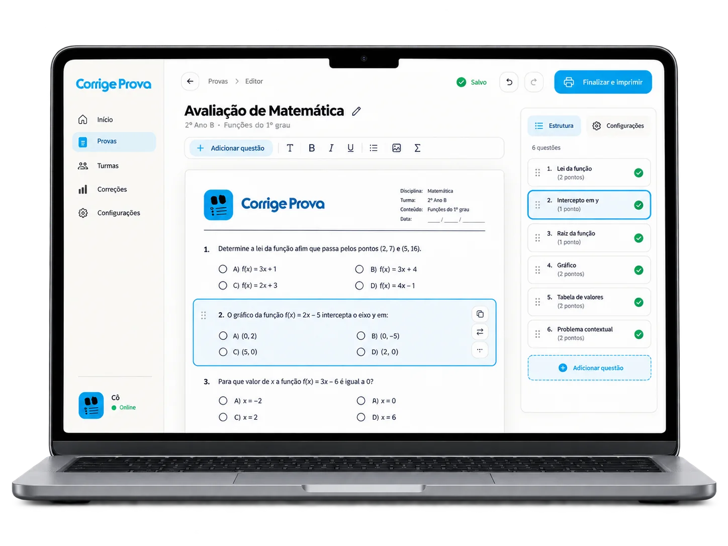 Notebook mostrando o editor de uma avaliação de matemática