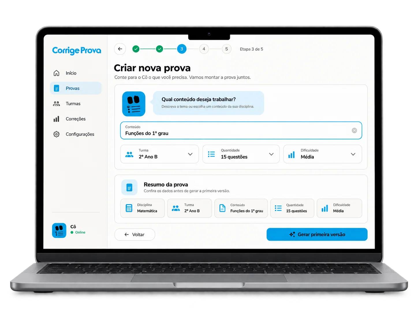 Notebook mostrando o Cô conduzindo a criação de uma prova de matemática