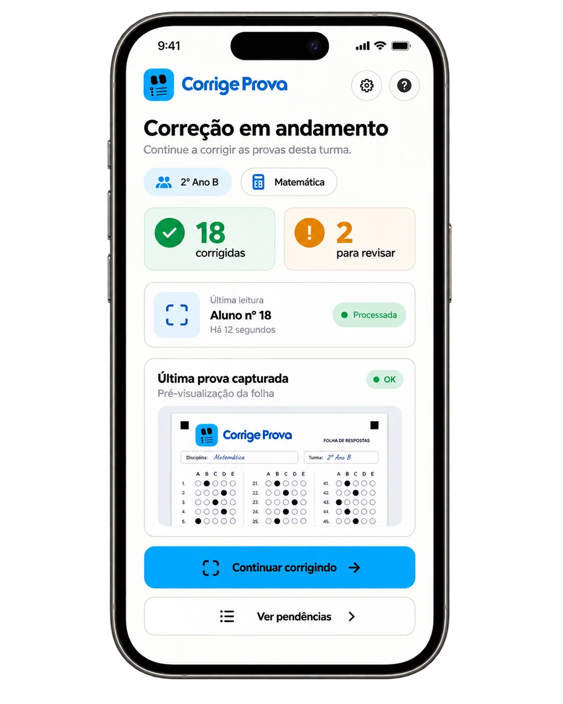 iPhone mostrando uma fila com 18 provas corrigidas e duas para revisar