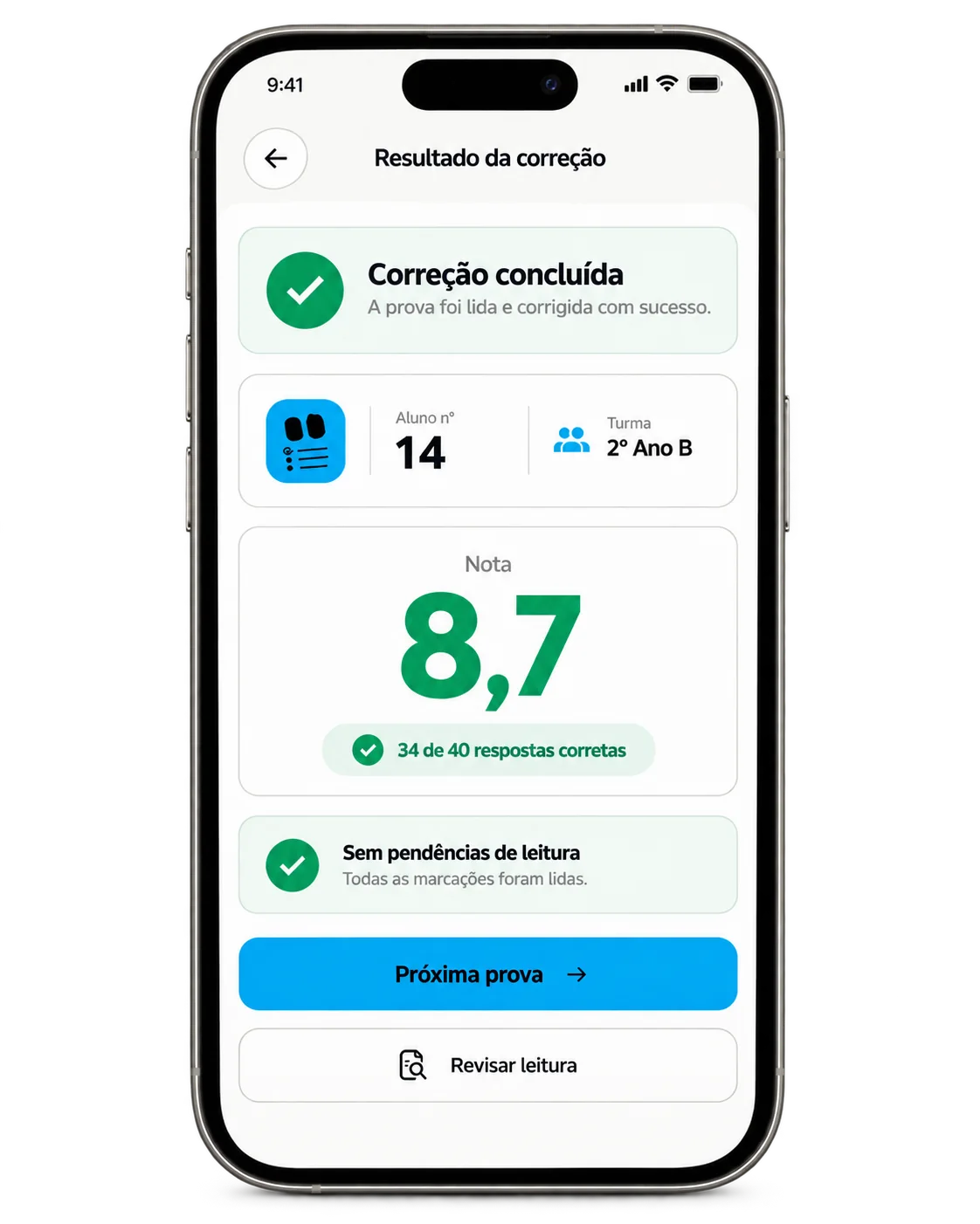 iPhone mostrando a nota 8,7 do aluno número 14 sem pendências de leitura